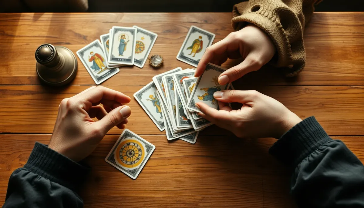 Mains mélangeant des cartes de tarot sur une table en bois lors d'une consultation de voyance