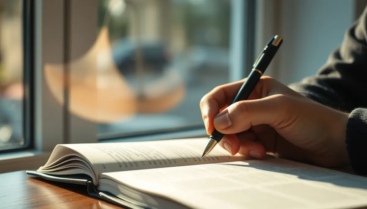 Personne écrivant dans un journal intime à la lumière du matin, symbolisant l'observation des signes dans une relation