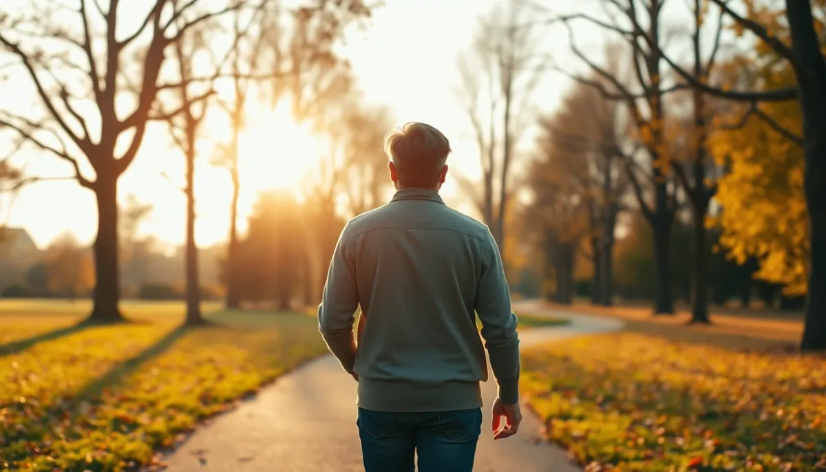 Personne marchant sur un chemin dans un parc en automne, symbolisant l'après-consultation et la progression dans une relation à distance