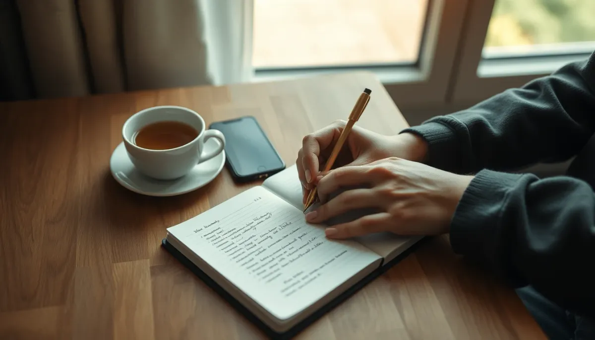 Personne écrivant des questions ouvertes dans un carnet avant une consultation de voyance
