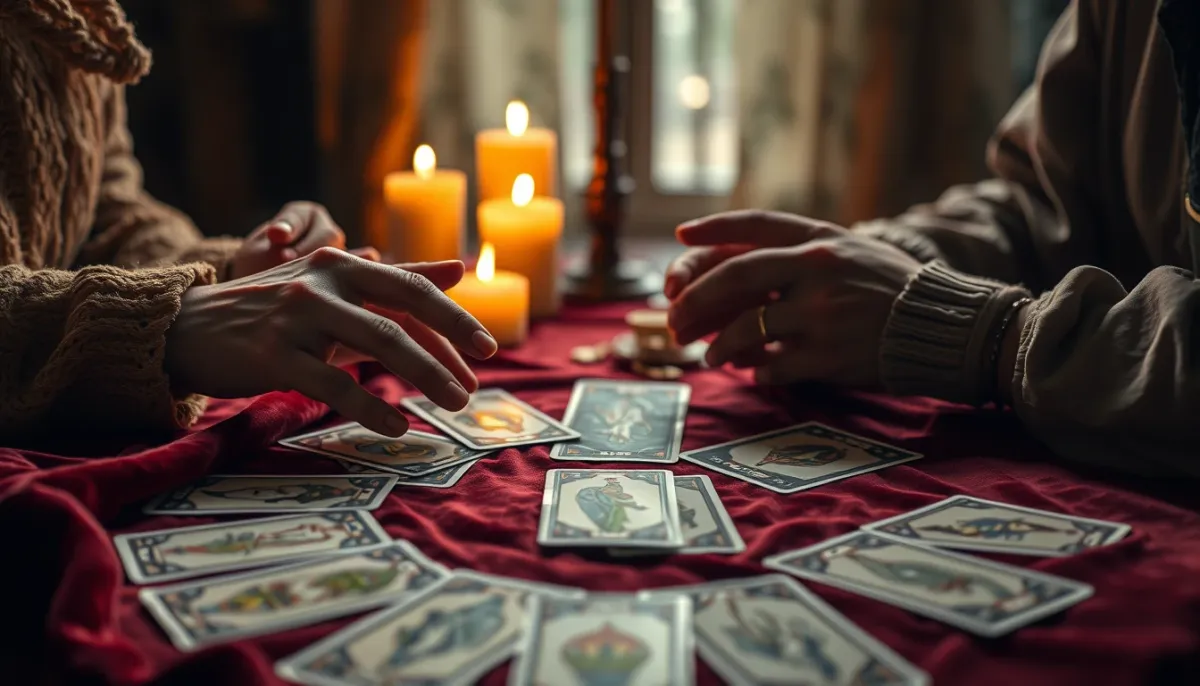 Séance de tirage de cartes de tarot avec des mains au-dessus d'un tissu en velours