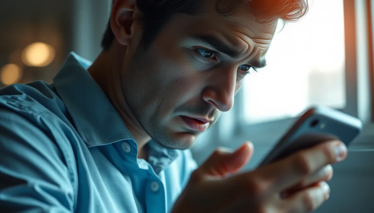 Personne consultant son téléphone avec une expression préoccupée, illustrant les signes d'une consultation abusive