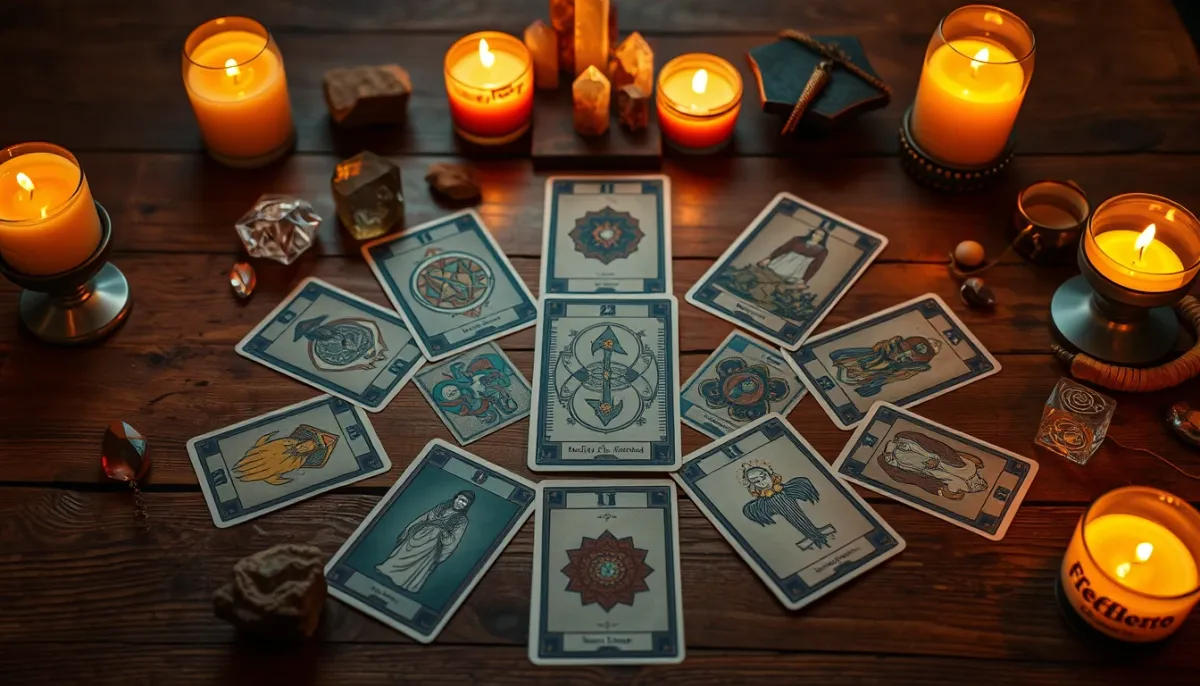 Cartes de tarot disposées sur une table en bois avec des bougies allumées, évoquant une consultation de voyance