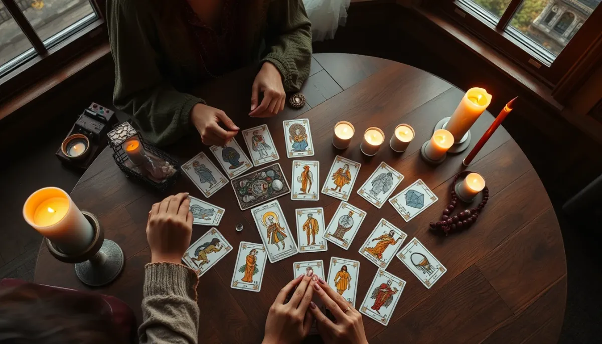 Séance de lecture de tarot vue de dessus, avec des cartes étalées sur une table en bois, des bougies et des cristaux.