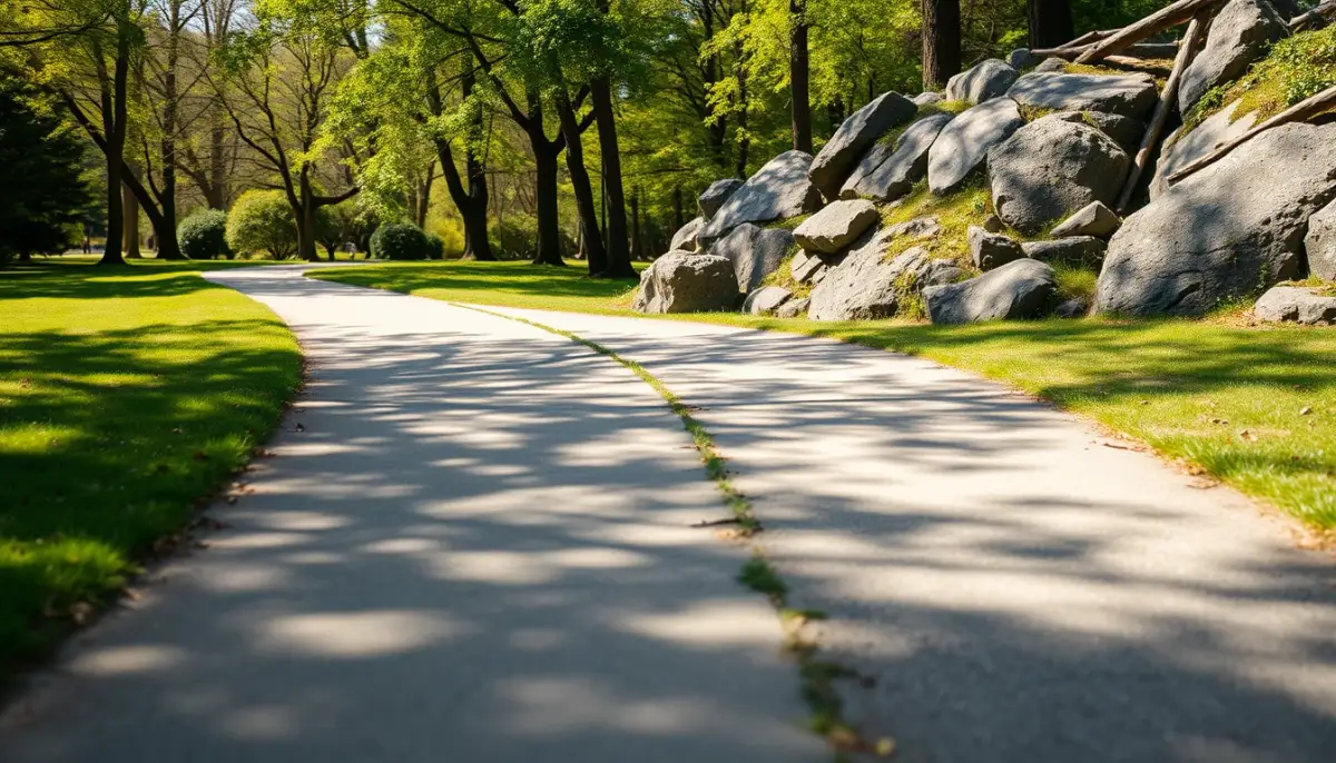 Deux chemins contrastés dans un parc, l'un lisse et ensoleillé, l'autre rocailleux et ombragé, symbolisant le choix entre âme sœur et flamme jumelle.