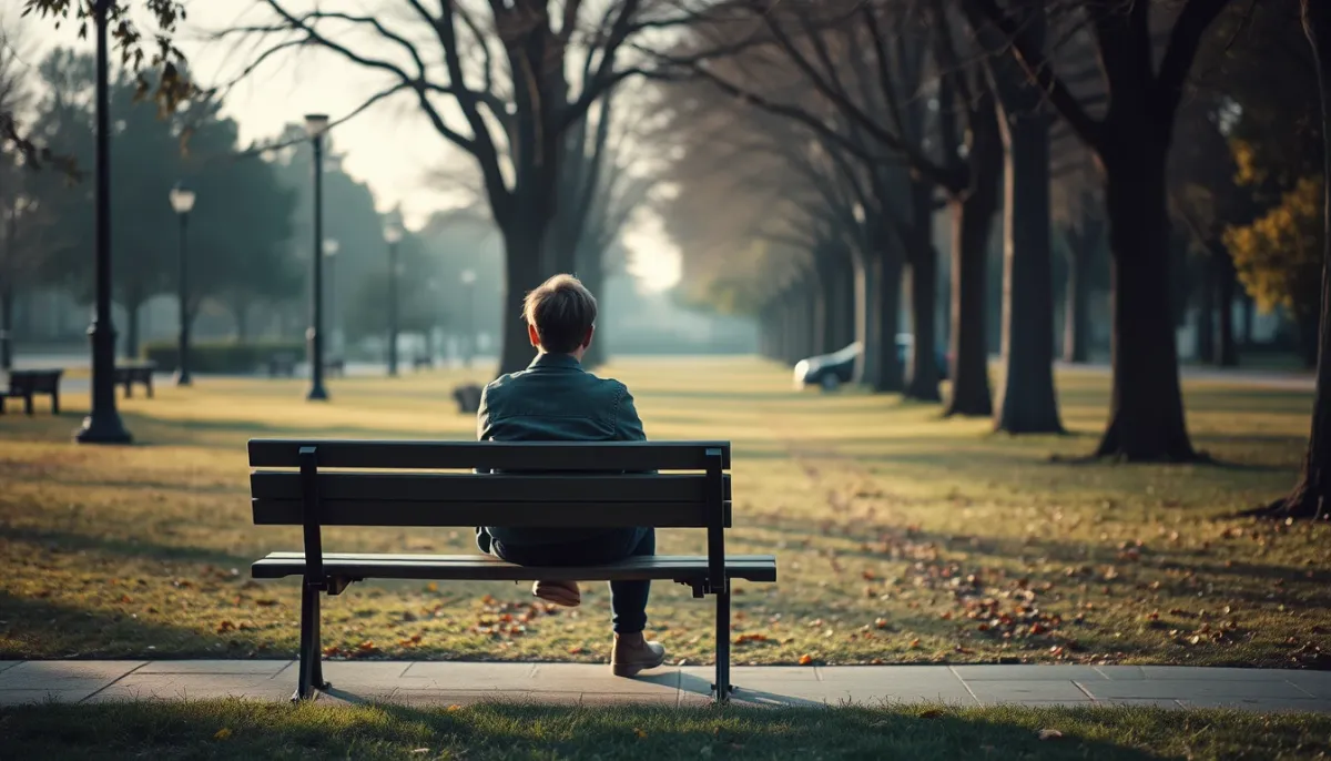 Personne assise seule sur un banc dans un parc calme, vue de dos, dans une lumière douce, évoquant l'introspection.