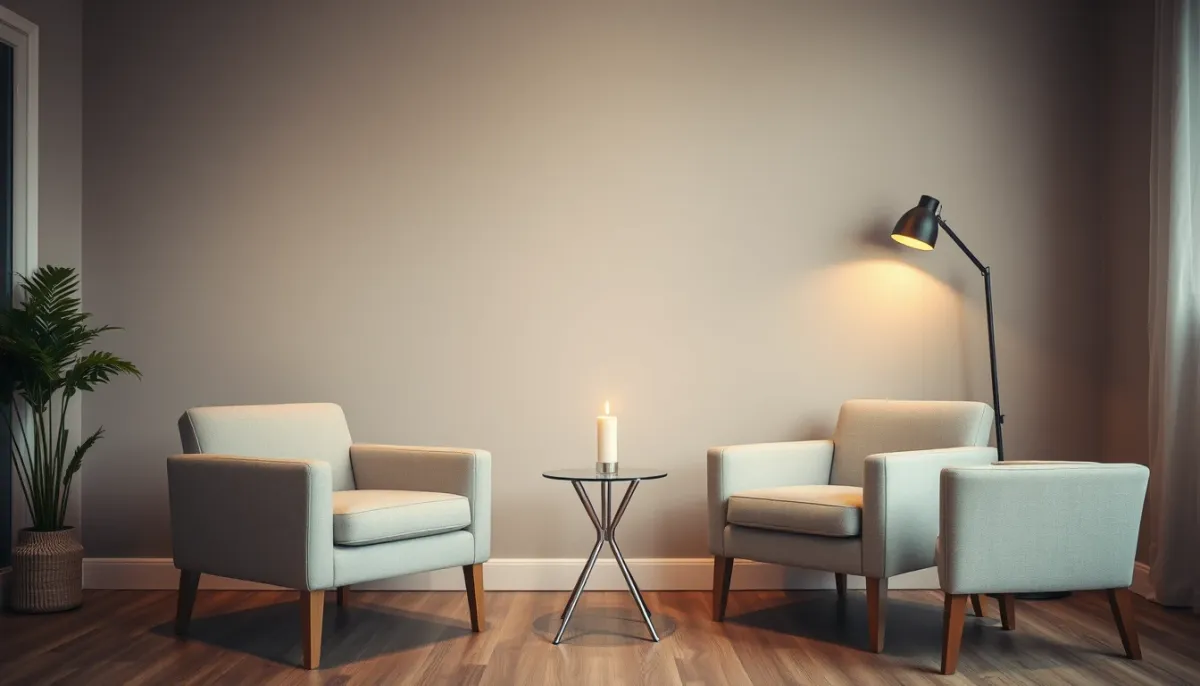 Salle de consultation accueillante avec deux chaises face à face et une petite table avec une bougie, dans une lumière chaleureuse.