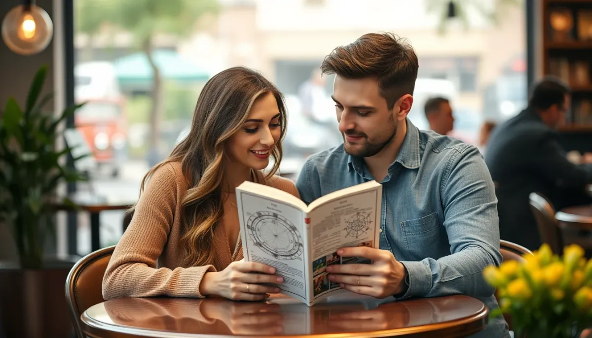 Un couple discutant de compatibilité astrologique dans un café