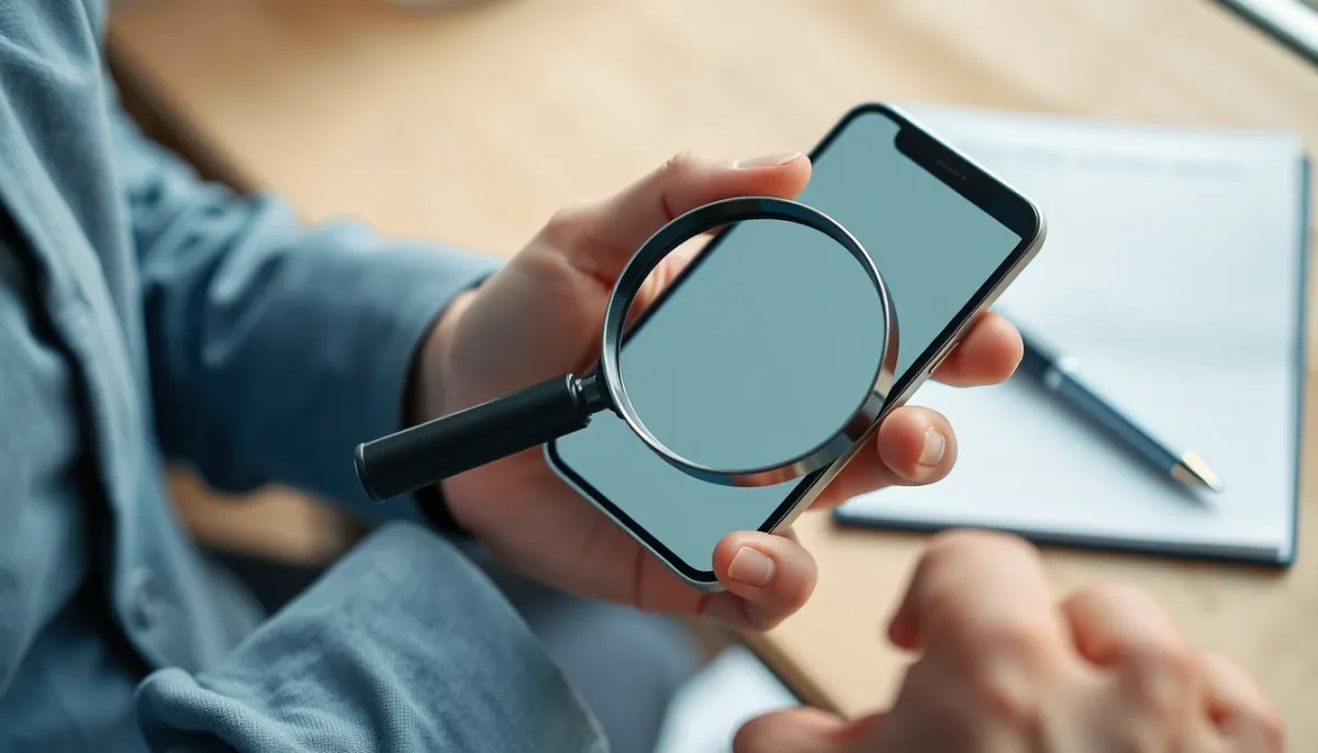 Main tenant un smartphone avec une loupe pour vérifier les tarifs des numéros surtaxés