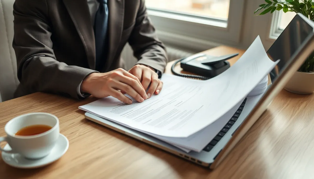 Personne consultant des documents et un ordinateur pour contester une facture téléphonique trop élevée