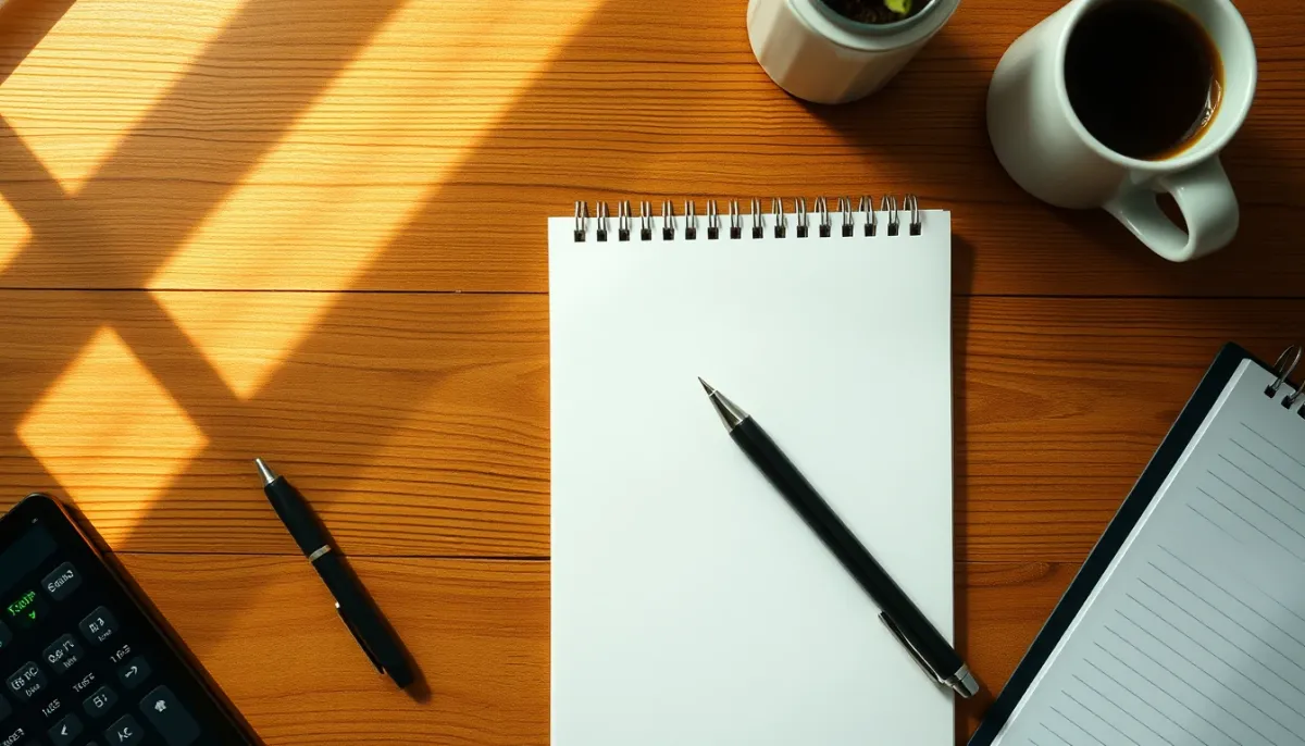 Bureau en bois avec un carnet de notes et un stylo pour préparer ses questions avant une consultation