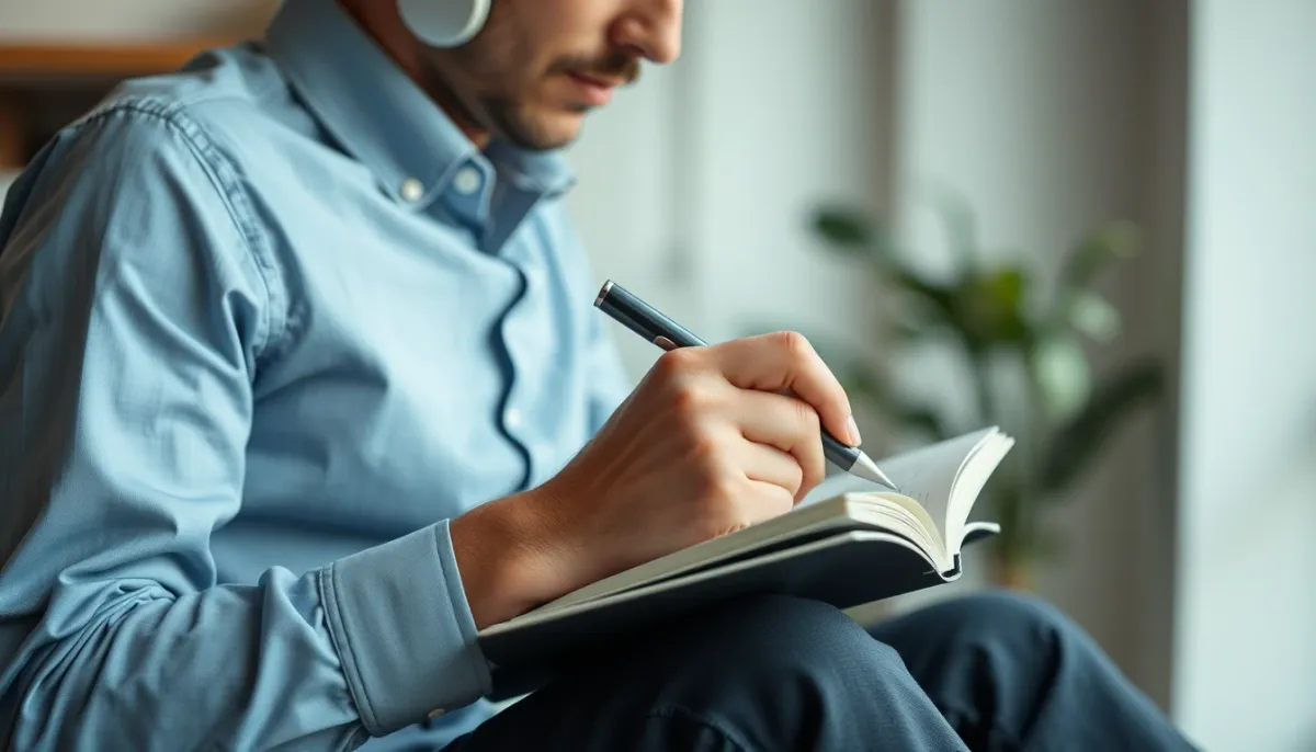 Personne prenant des notes tout en parlant au téléphone lors d'une consultation de voyance