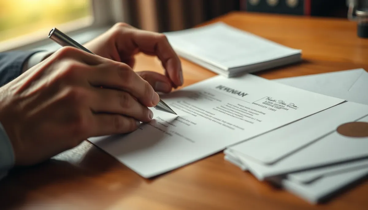Mains rédigeant une lettre de résiliation recommandée avec accusé de réception