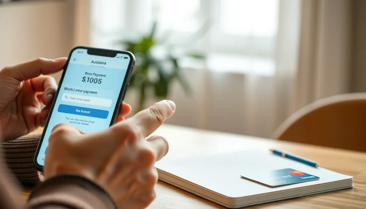 Personne bloquant un prélèvement via une application bancaire sur son smartphone