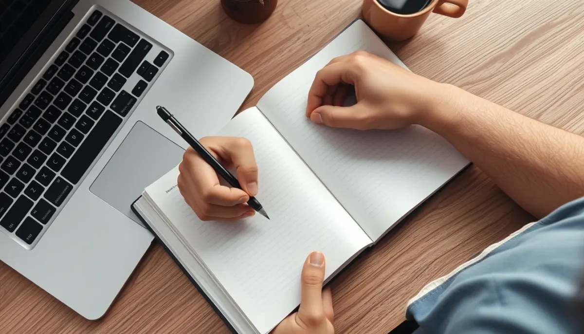 Mains écrivant dans un carnet à côté d'un ordinateur, symbolisant la préparation d'une demande de voyance par email