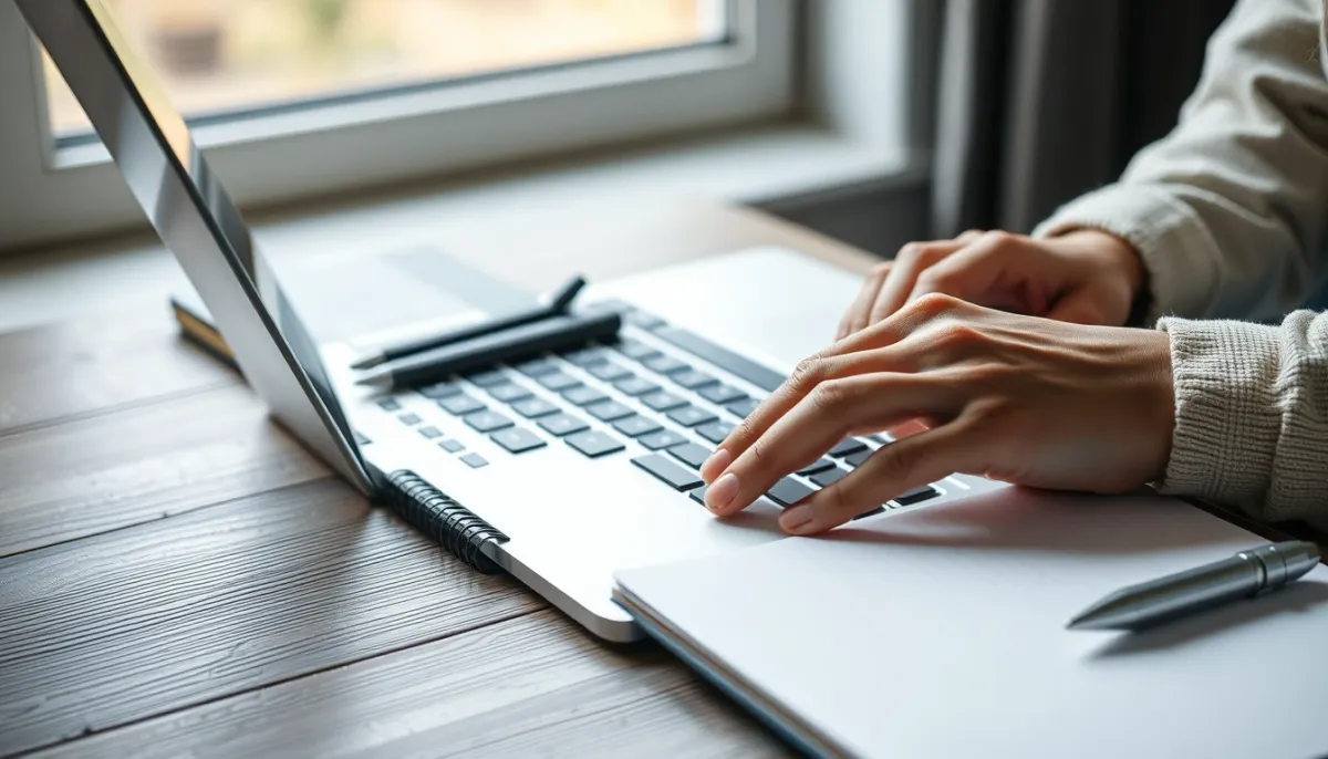 Mains tapant sur un clavier d'ordinateur portable avec un carnet à proximité, illustrant la rédaction d'une demande de voyance par email