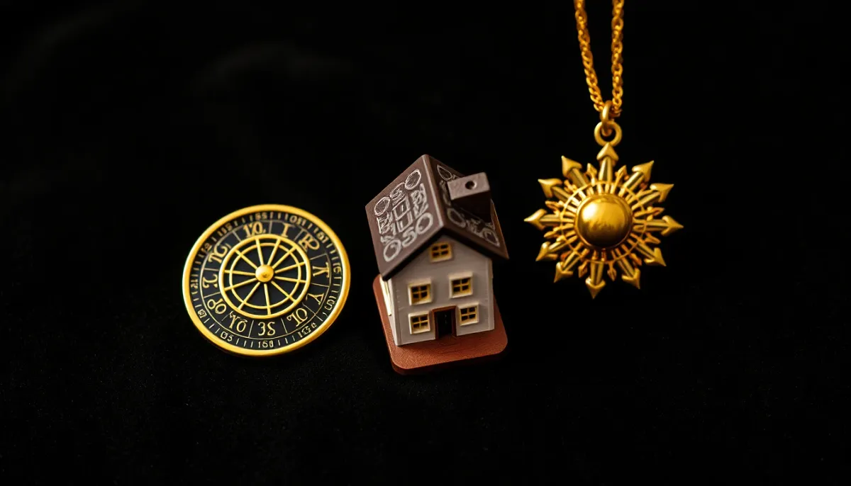 Les trois piliers de l'astrologie : signes, maisons et planètes représentés par des objets symboliques