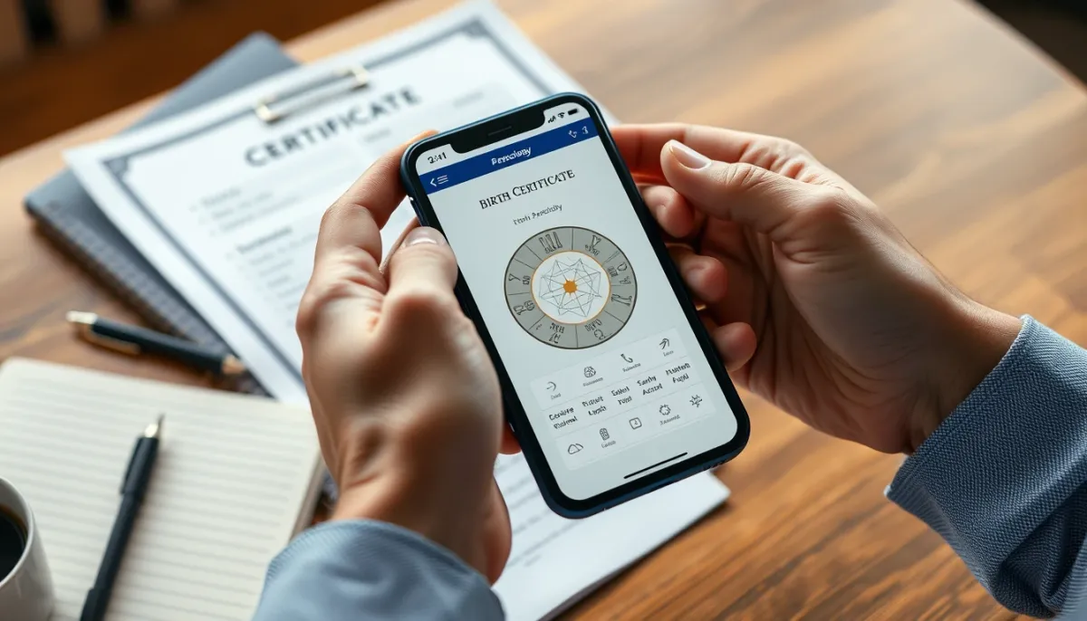 Mains tenant un acte de naissance et un smartphone avec une application d'astrologie, sur une table avec un carnet