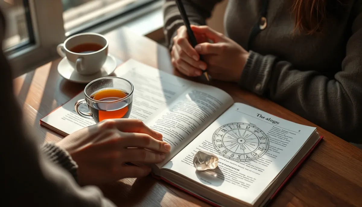 Personne écrivant dans un journal avec un livre d'astrologie ouvert à côté, dans une ambiance matinale apaisante