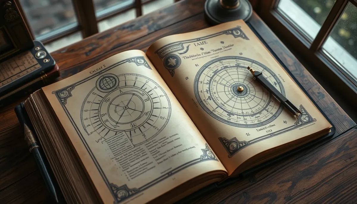 Livre d'astrologie ouvert avec des cartes célestes et une boussole en laiton