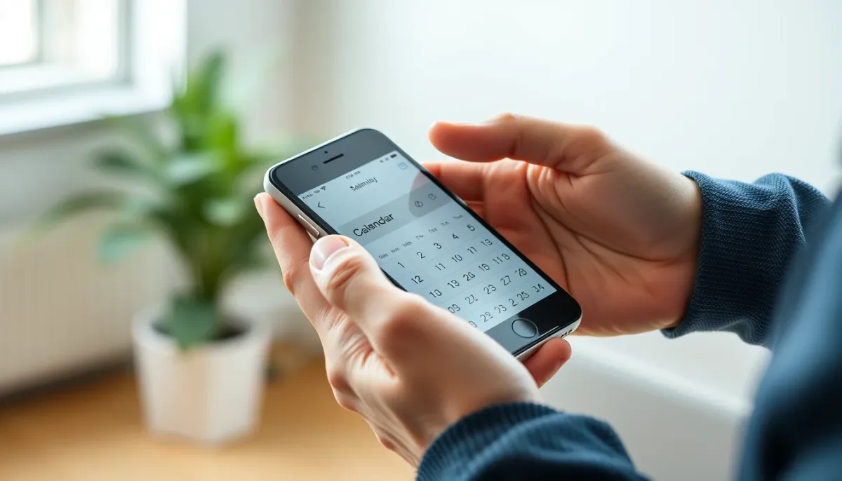 Mains tenant un smartphone avec un calendrier, illustrant la planification pendant le rétrograde