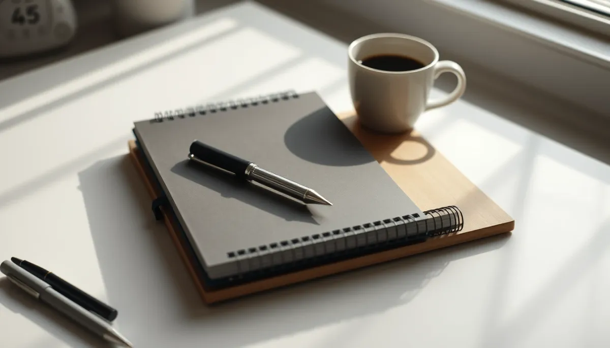 Espace de travail calme avec carnet, stylo et tasse de café, symbolisant le bon sens