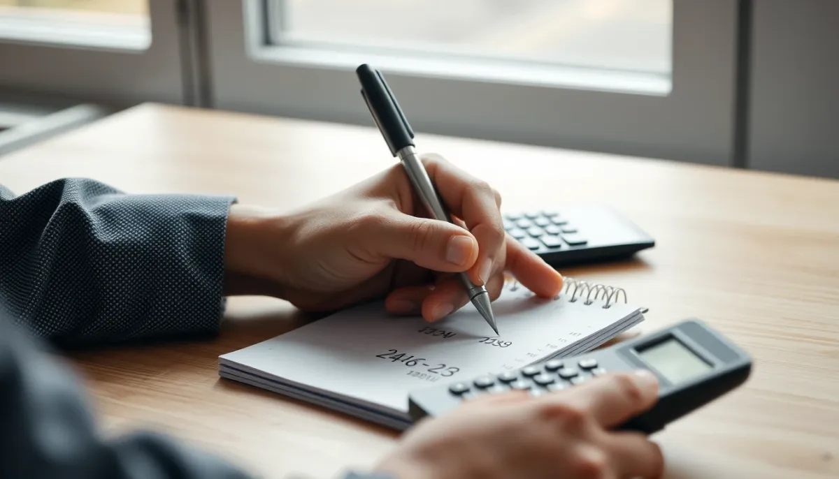 Mains écrivant des chiffres sur un carnet pour calculer un chemin de vie, avec une calculatrice à proximité
