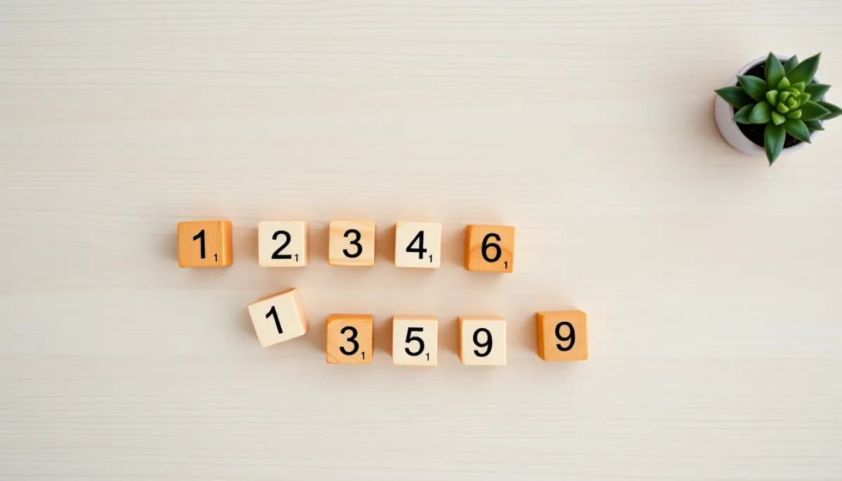 Neuf cubes en bois numérotés de 1 à 9 disposés en arc, illustrant les neuf chemins de vie