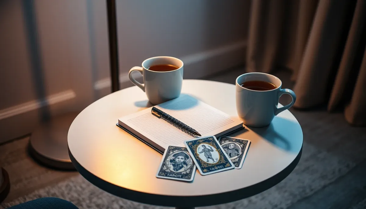 Table de consultation avec tasses de thé, carnet et cartes de tarot, évoquant un échange autour du chemin de vie