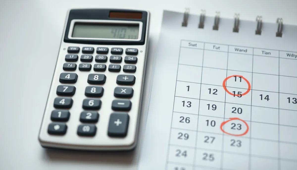 Gros plan sur une calculatrice et un calendrier avec des dates entourées, évoquant le calcul de l'année personnelle.