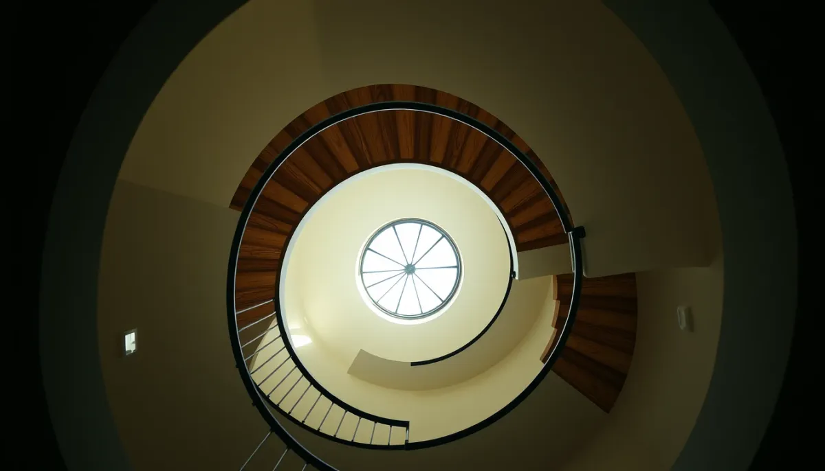 Escalier en spirale vu d'en bas, symbolisant le cycle de neuf ans en numérologie.