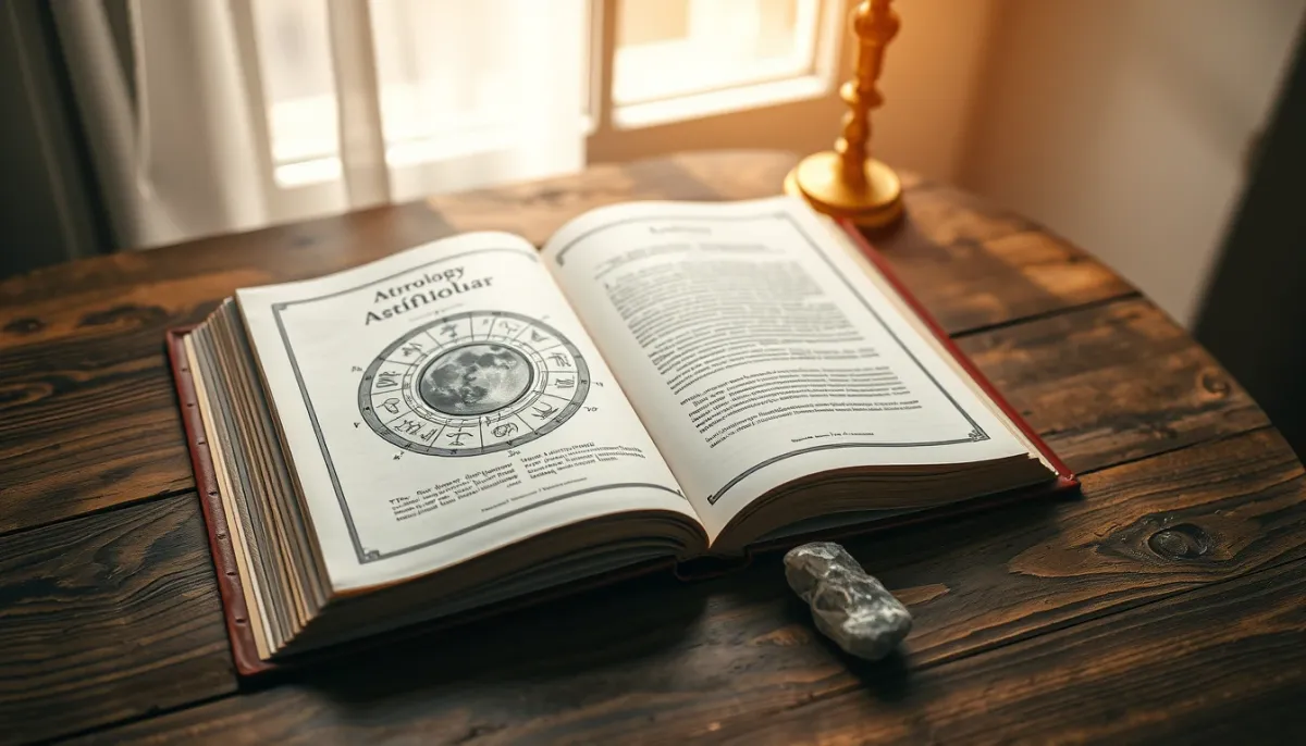 Livre d'astrologie ouvert avec un thème lunaire et un cristal, évoquant l'interprétation symbolique de la pleine lune