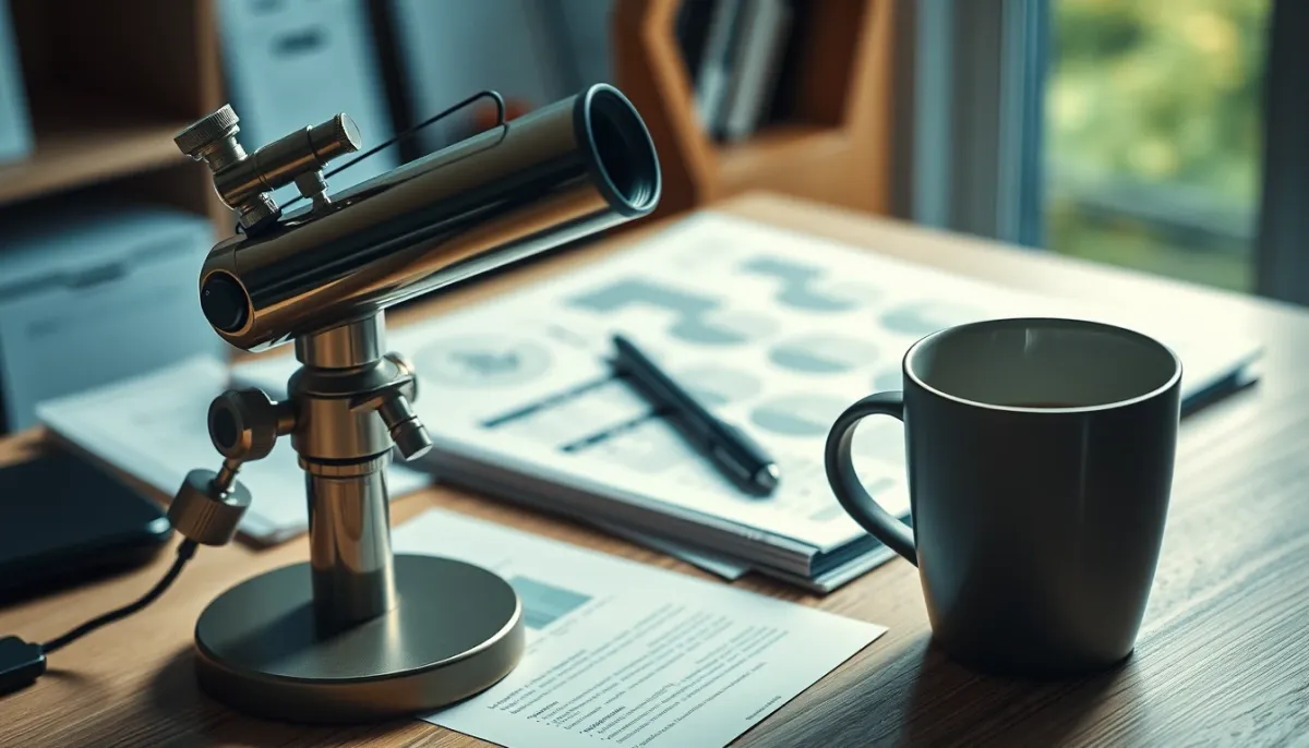 Bureau de scientifique avec télescope et documents de recherche, illustrant l'absence de preuve scientifique sur la pleine lune et les émotions