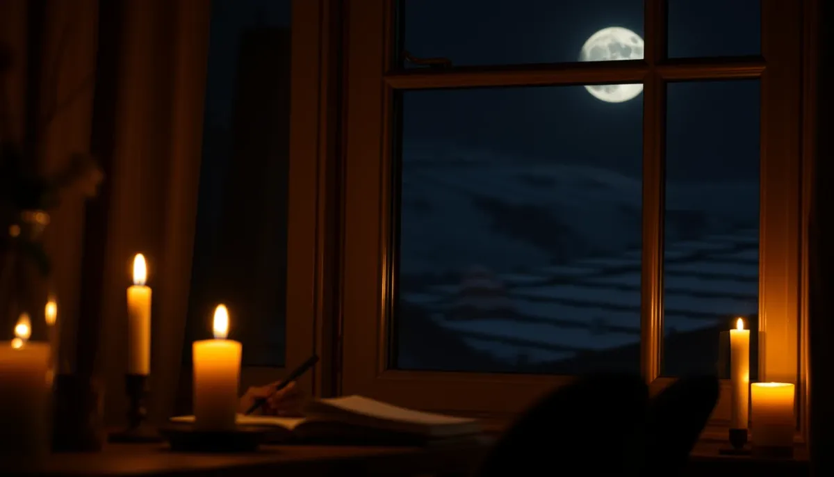 Personne écrivant dans un journal à la lueur d'une bougie près d'une fenêtre avec clair de lune, illustrant un rituel de pleine lune pour mieux vivre ses émotions