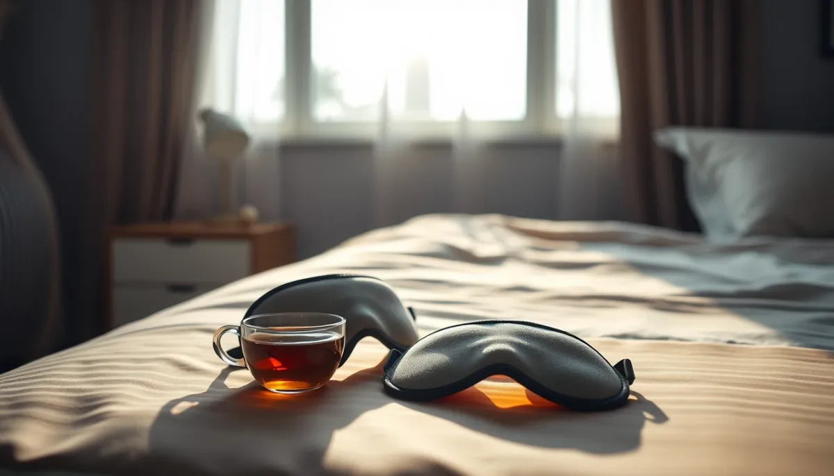 Chambre apaisante avec masque de sommeil et tisane, symbolisant les bonnes pratiques pour mieux vivre la pleine lune