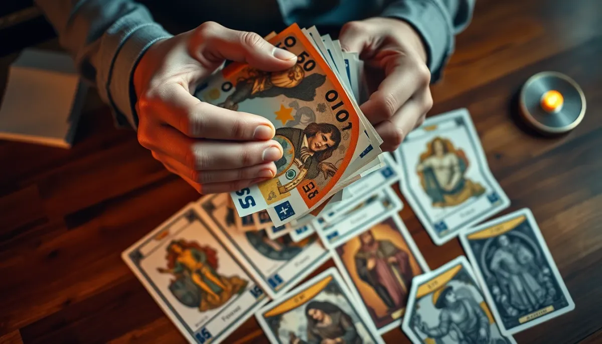 Mains tenant des billets de banque au-dessus de cartes de tarot, illustrant une demande d'argent pressante