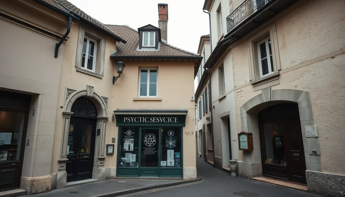 Devanture d'un salon de voyance dans une rue de ville, évoquant les pratiques locales