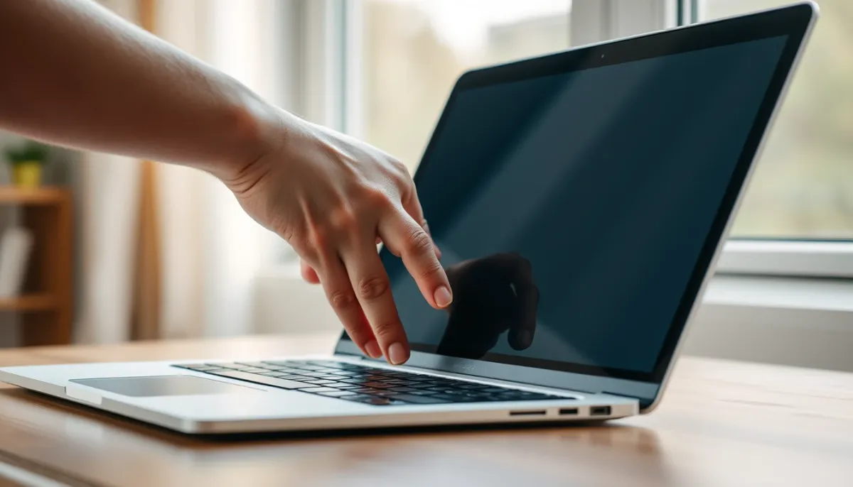 Main fermant un ordinateur portable, symbolisant la protection et la fin d'une consultation en ligne