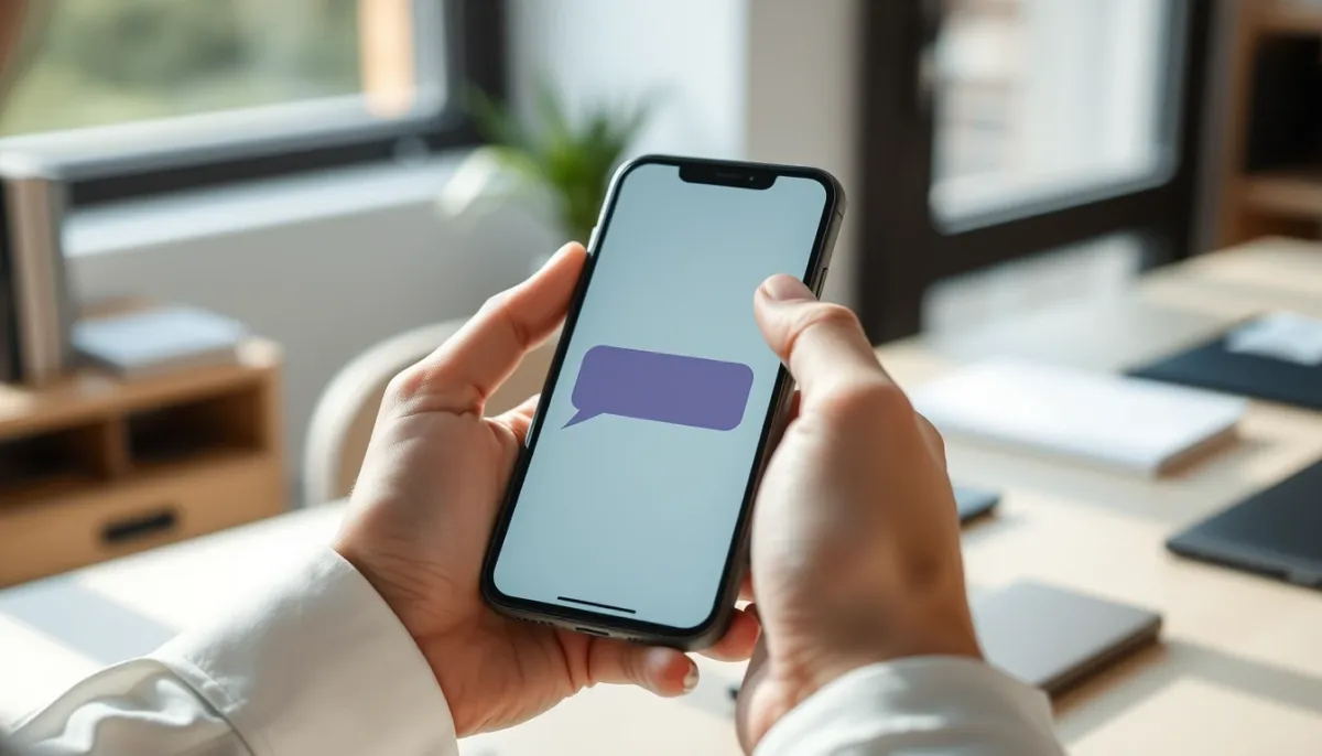 Personne consultant un SMS sur son smartphone, illustrant la réception de messages de relance
