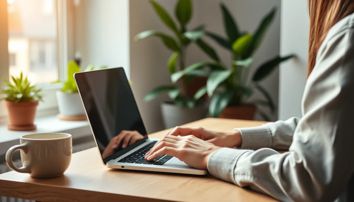 Personne utilisant un ordinateur portable pour signaler un spam SMS, dans un bureau à domicile