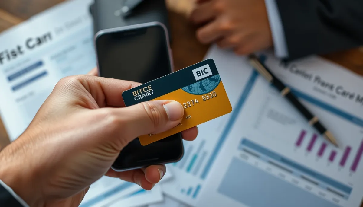Main tenant une carte bancaire à côté d'un smartphone, symbolisant les demandes d'argent par SMS