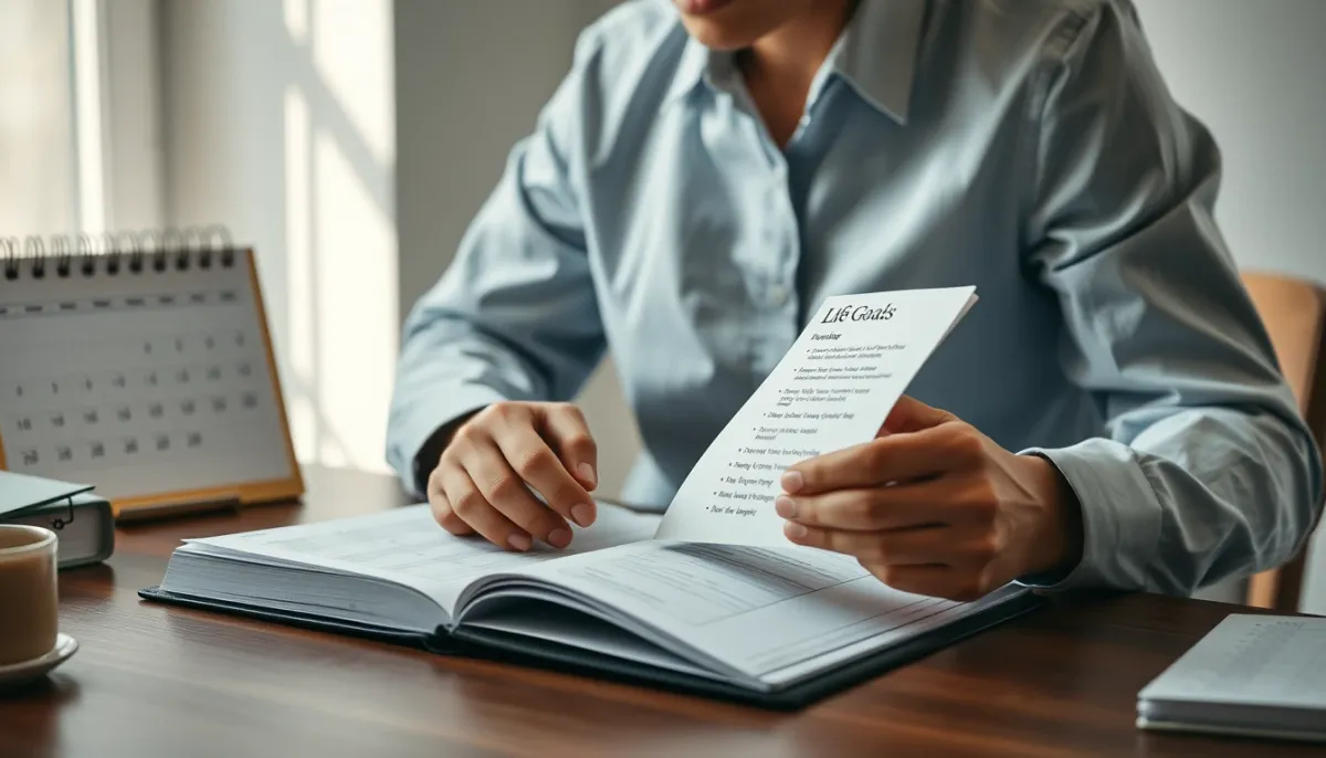 Personne réfléchissant à ses objectifs de vie devant un calendrier et un carnet
