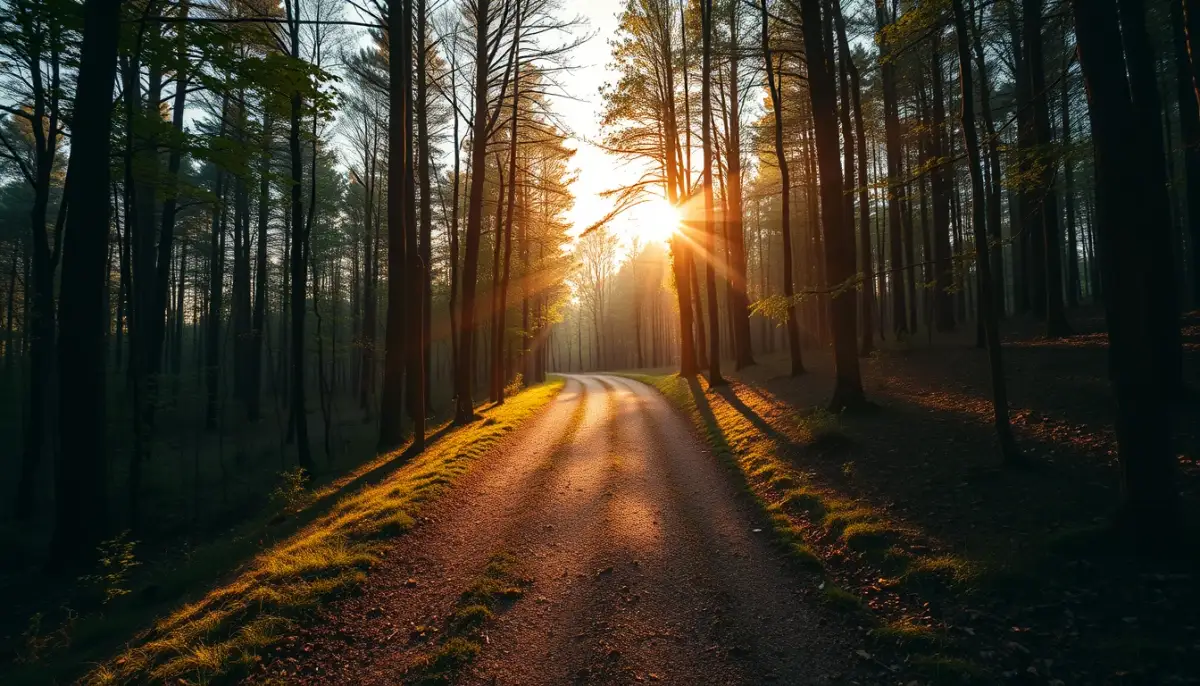 Chemin sinueux à travers une forêt symbolisant un parcours de transformation personnelle