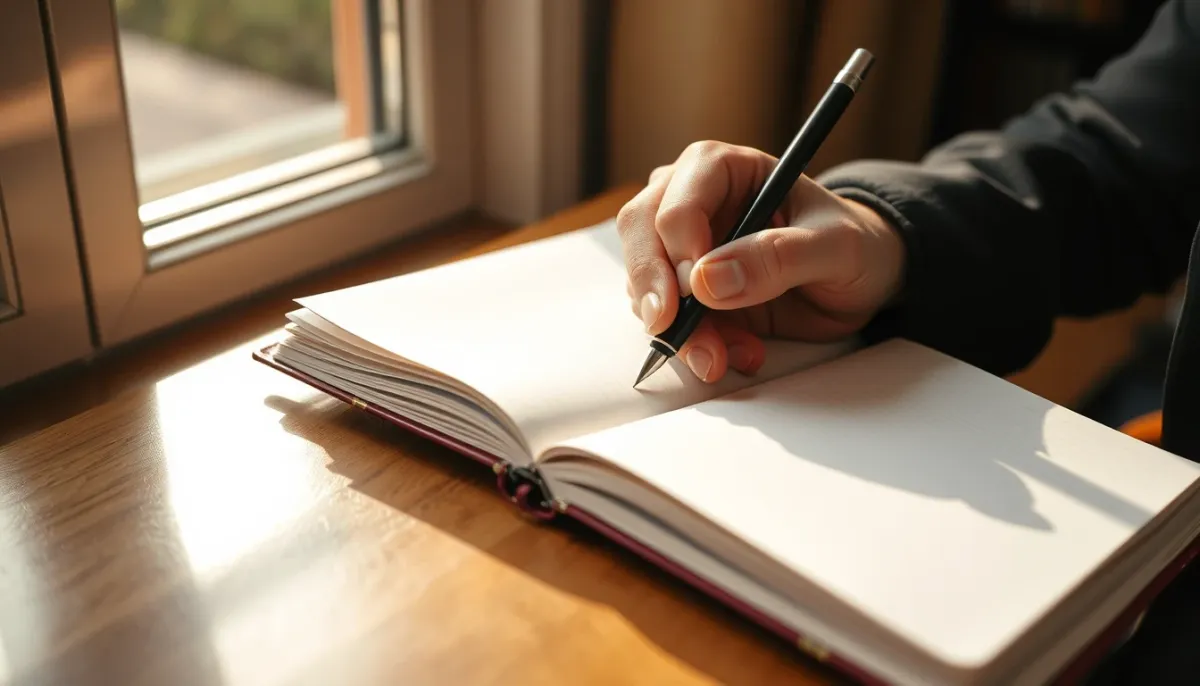 Mains écrivant dans un journal intime, gros plan