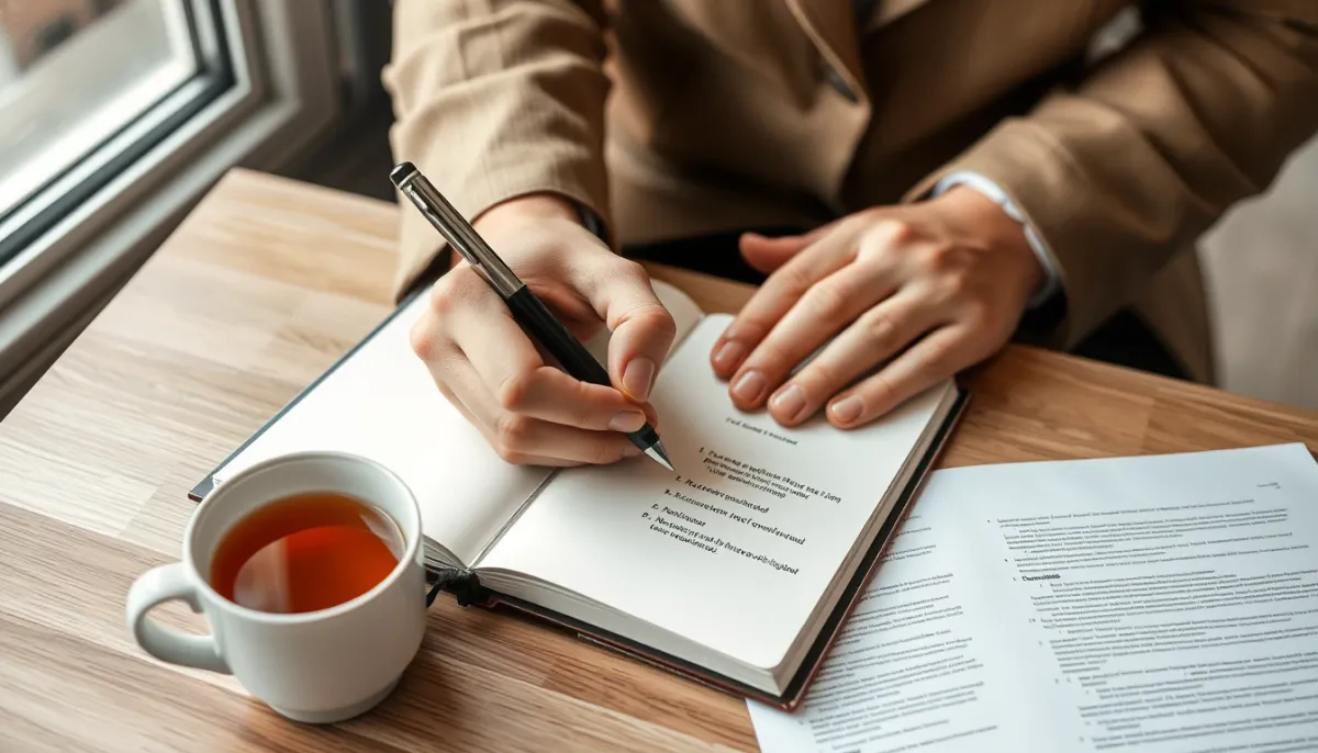 Personne notant ses questions dans un carnet avant une consultation
