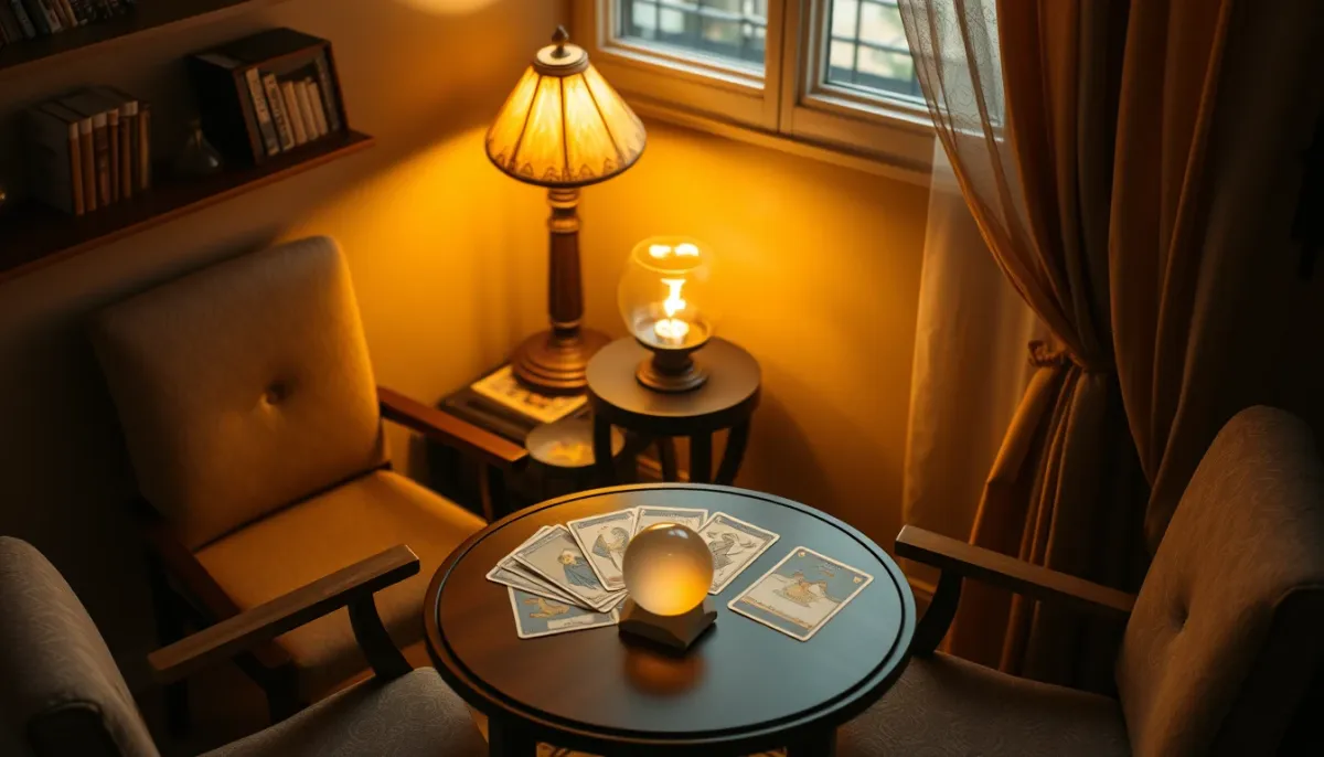 Espace de consultation de voyance avec table, cartes et boule de cristal