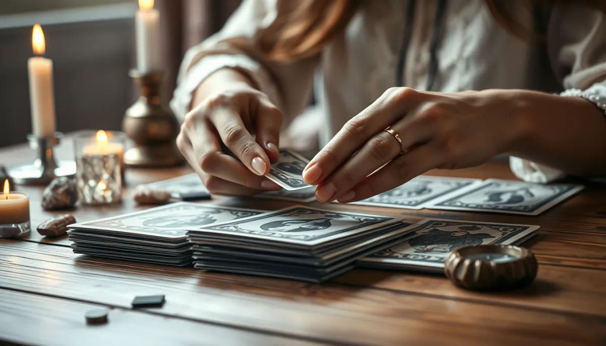 Mains mélangeant des cartes de tarot lors d'une consultation