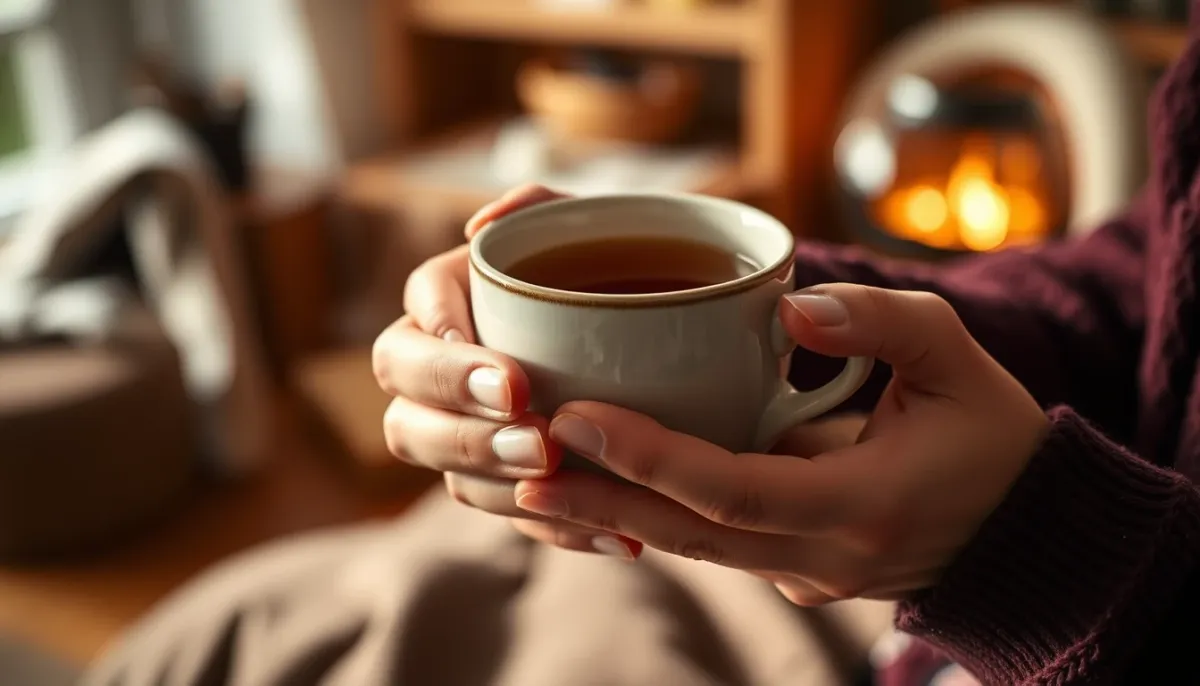 Mains tenant une tasse de thé dans un cadre intime