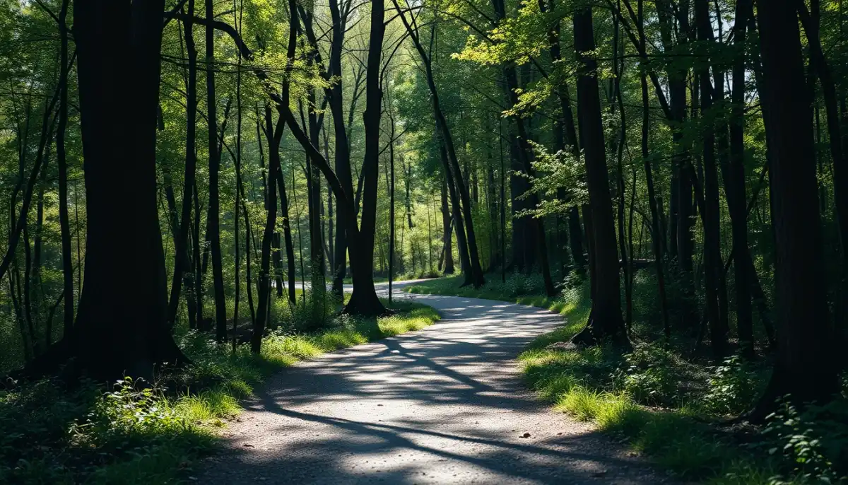 Chemin sinueux à travers une forêt, symbolisant le parcours du deuil