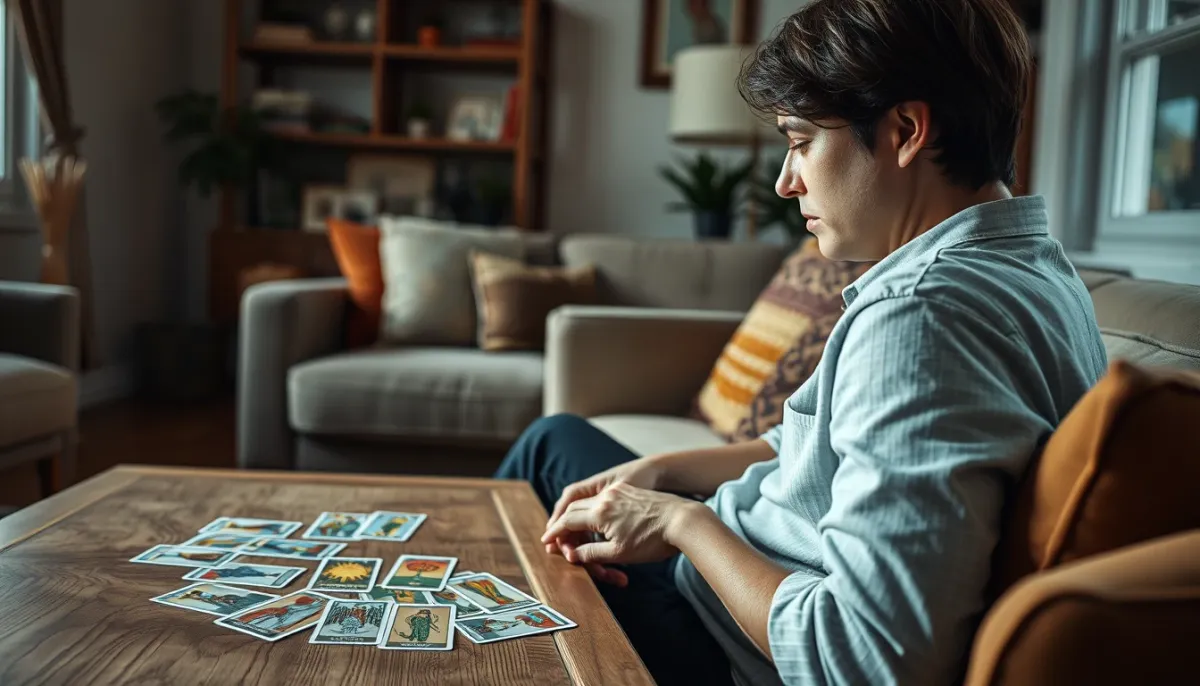 Personne assise sur un canapé, regardant des cartes de tarot, illustrant la recherche de réconfort